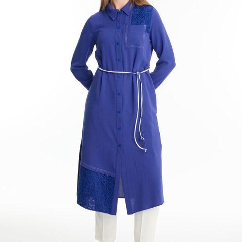 Tunique longue violette à col chemise avec dentelle T-1451