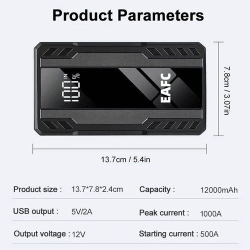 Démarreur de saut de voiture 1000 A, chargeur de batterie Booster de batterie externe de secours 