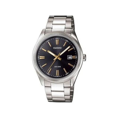 Casio Tout en acier inoxydable - Index dore - Cadran noir & avec dateur -MTP-1302d-1a2vdf