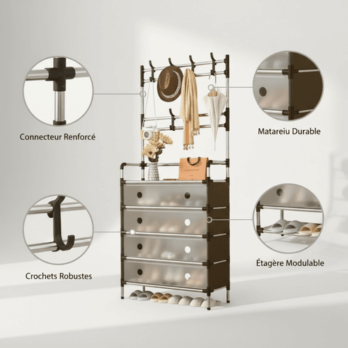 Meuble De Rangement D’entrée 2-en-1 – 4 Tiroirs + Porte-manteaux Intégré