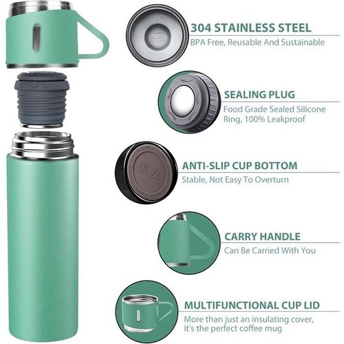 Coffret cadeau - LUXUS - Thermos 500 ml - 3 tasses isothermes - Acier inoxydable - Vert