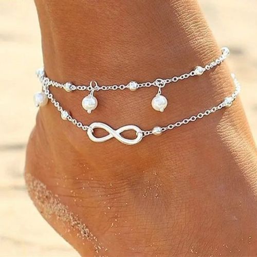 Bracelet de cheville double chaine Infini avec perles.Ajustable.