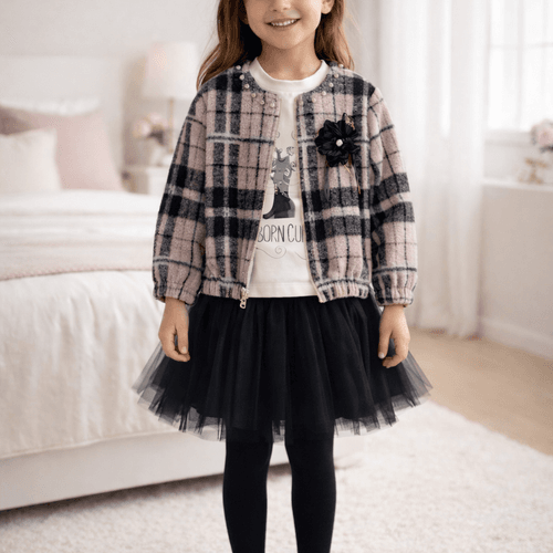 Ensemble Fille Élégant À Carreaux Avec Jupe En Tulle