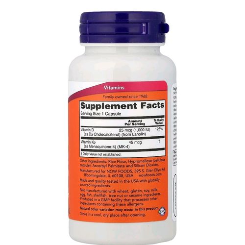 Vitamine D3 & K2 Now Foods – Soutien Os & Immunité – 120 Capsules
