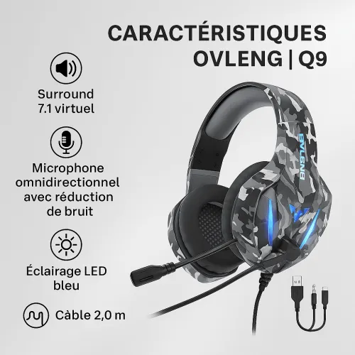 Casque Gamer Ovleng Q9 – Son Surround 7.1, Micro Anti-bruit, Rétroéclairage Led, Usb, Couleur Camouflage Gris