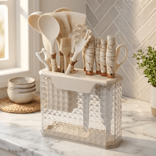 Set Dustensiles De Cuisine Premium – 16 Pièces Avec Support Design Marbre