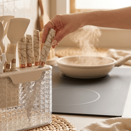 Set Dustensiles De Cuisine Premium – 16 Pièces Avec Support Design Marbre