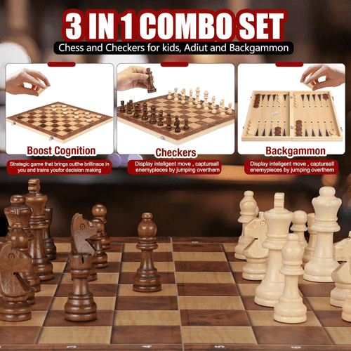 Jeu De Société 3 En 1 En Bois – Echecs, Dames Et Backgammon