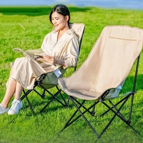 Chaise Lunaire Pliable Portable Avec Dossier Haut Pour Pique-nique, Pêche Et Plage Biege