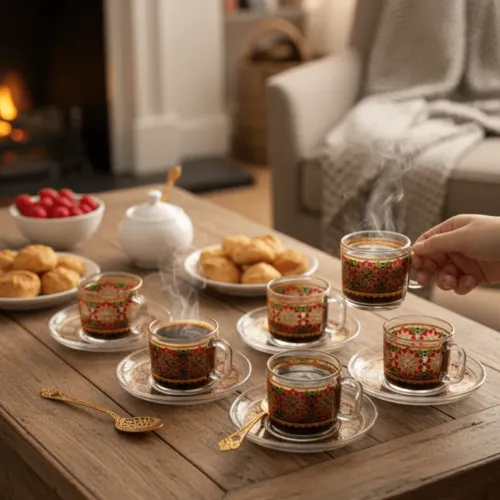 Ensemble De Vaisselle Élégant En Verre Artisanal – 12 Pièces Avec Tasses Et Soucoupes Décorées À La Main (colleur Aléatoire)