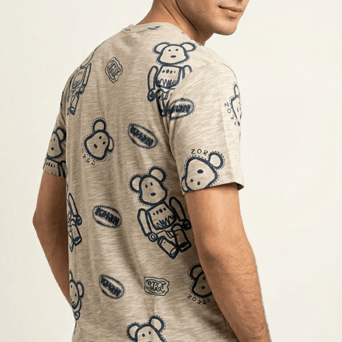 T-shirt Homme Beige À Motifs Ours Fun Et Urbain