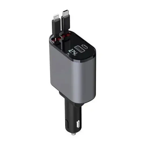 Fast Charger Chargeur De Voiture Avec Cable Intégré Rétractable Lightning + Type-c, Couleur Et Design Aléatoire