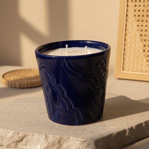 Bougie Parfumée Jasmin Vanille - Pot Argile Bleu Artisanal