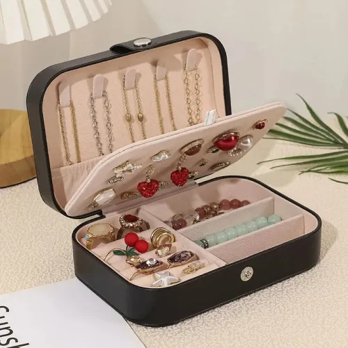 Boîte À Bijoux Portable En Cuir Pu Pour Collier, Boucles D'oreilles, Bague Noir
