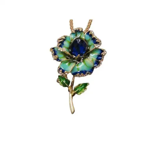 Collier Pendentif Fleur Émaillée Bleue Avec Cristal Et Chaîne Incluse