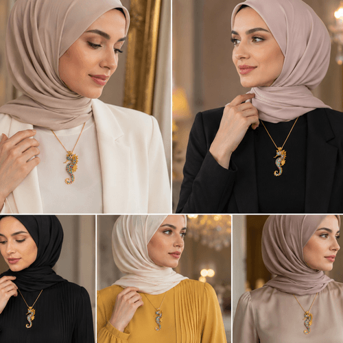 Collier + Pendentif Hippocampe - Cristal - Métal - Doré