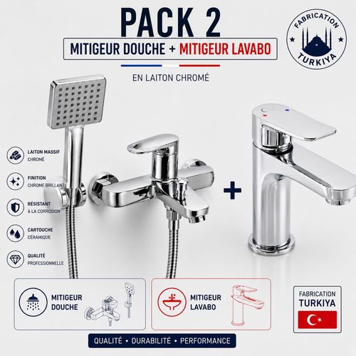 Pack 2 – Mitigeur Douche + Mitigeur Lavabo Chrome