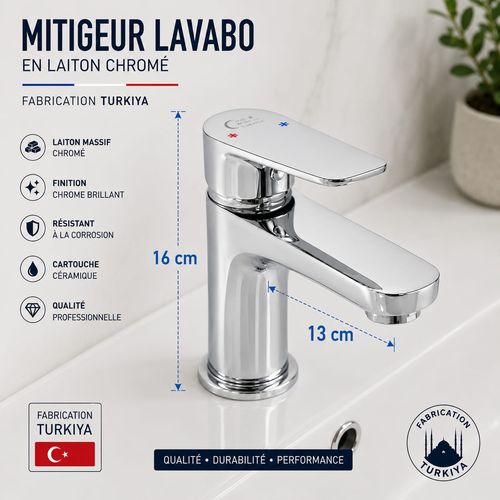 Mitigeur Lavabo Chromé En Laiton Massif – Fabrication Turque
