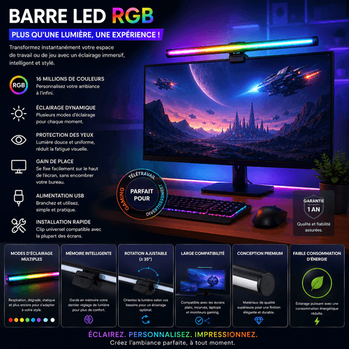 Monitor Light Led Lampe Écran PC Lampe De Bureau Usb D'ordinateur 40cm Rgb