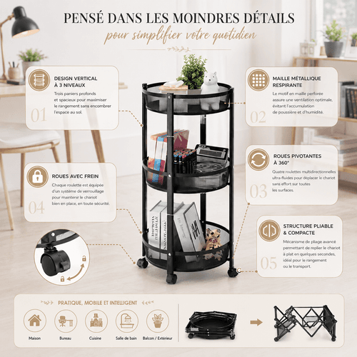 Chariot de Rangement Pliable à 3 Niveaux  - 88 x 38 cm - Coluleur Aléatoire