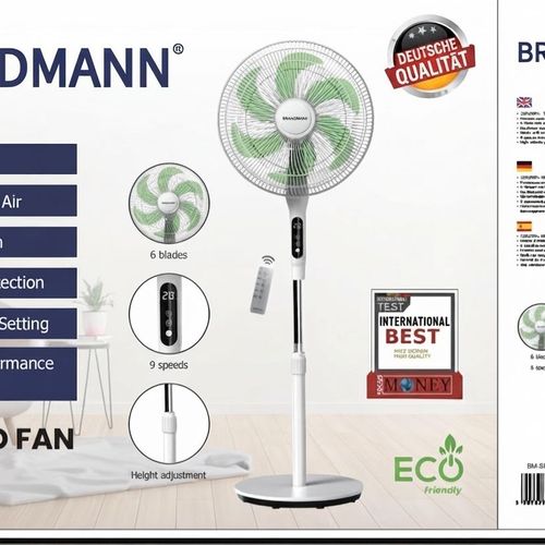 Ventilateur Sur Pied Brandmann 16" – 9 Vitesses, Télécommande, Ultra-silencieux, Marque Allemande