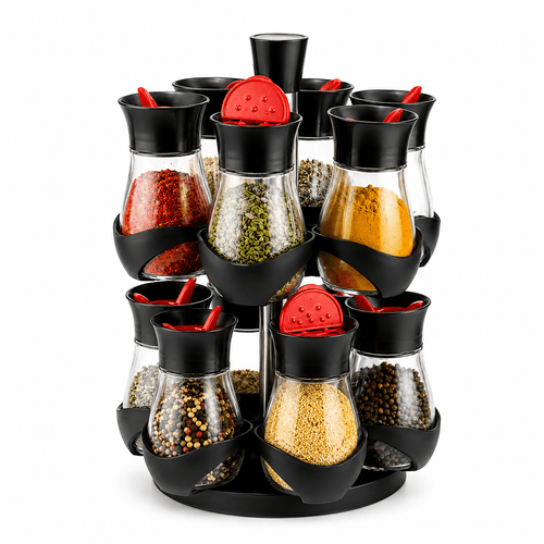 Carrousel À Épices Rotatif 12 Pièces – Noir & Verre