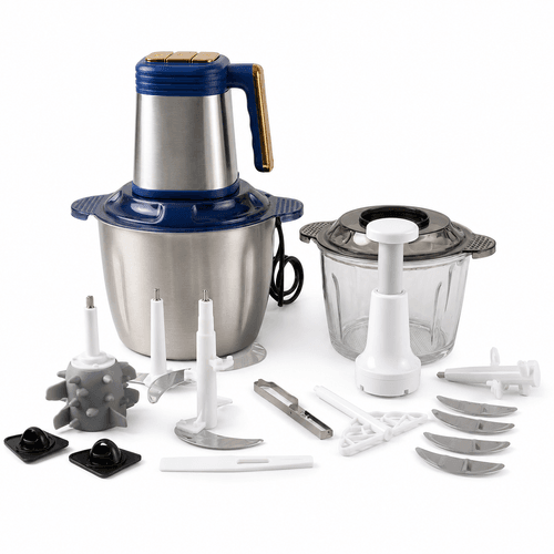 Hachoir Multifonction Afos 1200 W – Set 13 Pièces – Bol Inox 3 L Et Bol En Verre