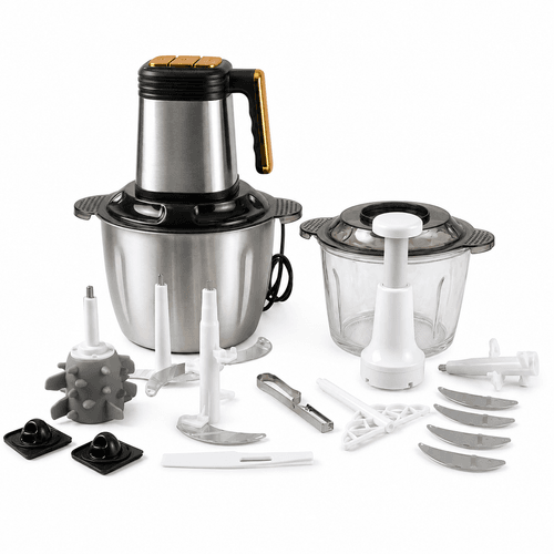 Hachoir Multifonction Afos 1200 W – Set 13 Pièces – Bol Inox 3 L Et Bol En Verre