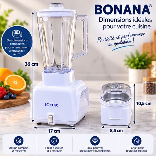 Mixeur Blender 2 En 1 – 36 × 17 Cm + Broyeur 10,5 × 8,5 Cm – Bol 1 L – Lames En Acier Inoxydable