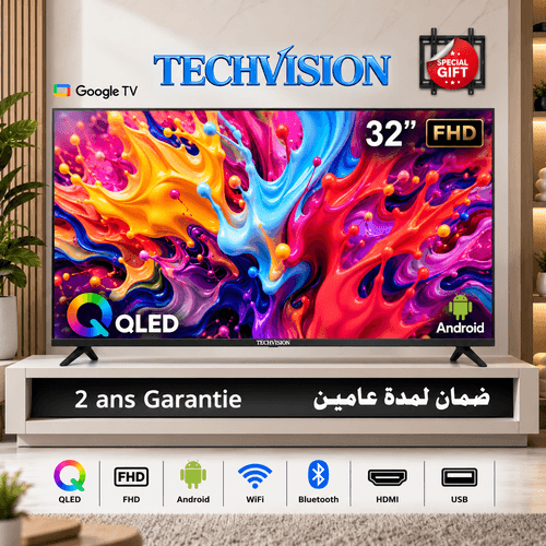 Techvision 32 Qled Fhd Smart Android Tv Frameless Wifi Bluetooth Et 3 Hdmi + Support Gratuit