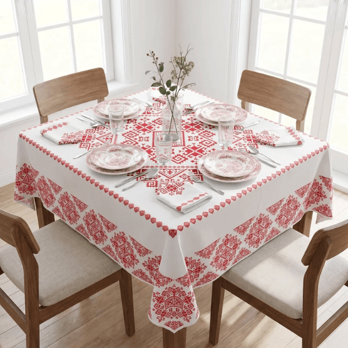 Nappe de Table - DWIRTY - Taj Fès - 140x200 cm - Rouge - 4 Serviettes 40x40 cm