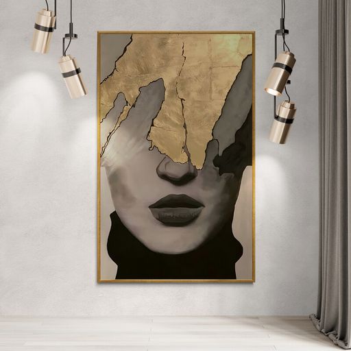 Tableau Visage Monochrome Et Feuilles D’or thumbnail 1
