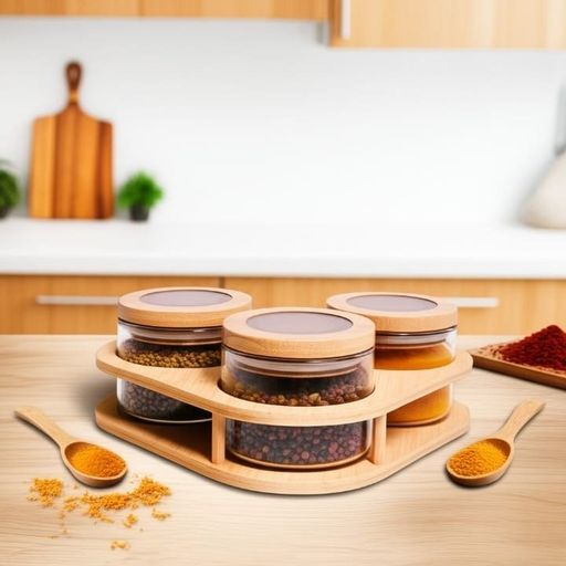 Ensemble élégant de 3 bocaux en verre avec couvercles en bois et support incliné en bois – Design moderne et raffiné thumbnail 1