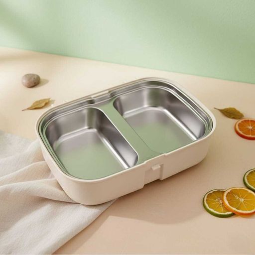 Lunch box à deux compartiments on inox -couverts en plastique alimentaire-boite à sauce -Idéal école crèche & université thumbnail 2