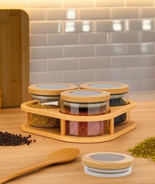 Ensemble élégant de 3 bocaux en verre avec couvercles en bois et support incliné en bois – Design moderne et raffiné thumbnail 2