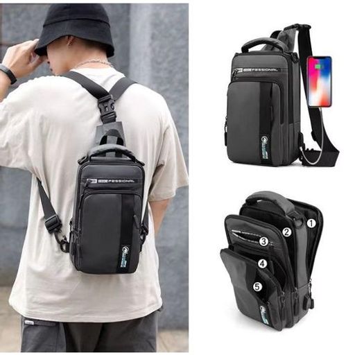 Sac À Bandoulière Avec 6 Poches Unisex Étanche Avec Port De Charge Usb Pour Camping, Travail, Et Randonnée. thumbnail 1