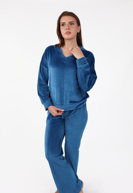 Pyjama Col V à Pantalon Evasé | Collection Velvet Bleu thumbnail 1