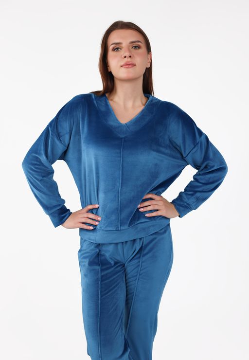 Pyjama Col V à Pantalon Evasé | Collection Velvet Bleu thumbnail 2