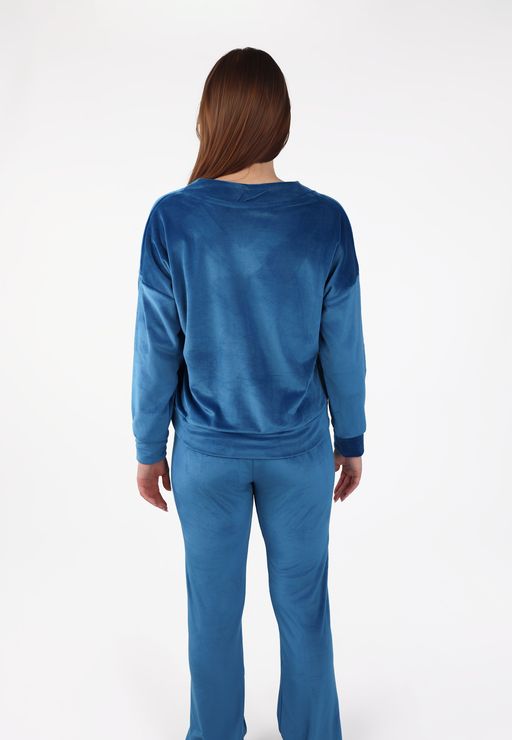 Pyjama Col V à Pantalon Evasé | Collection Velvet Bleu thumbnail 4
