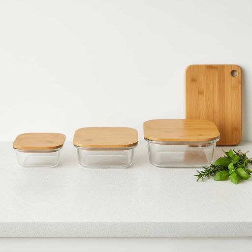 Set de 3 Boîtes de Conservation en Verre -Carrées-avec Couvercles en Bambou – Transparent – 11,5 / 13,5 / 16,5 cm Pyrex thumbnail 3