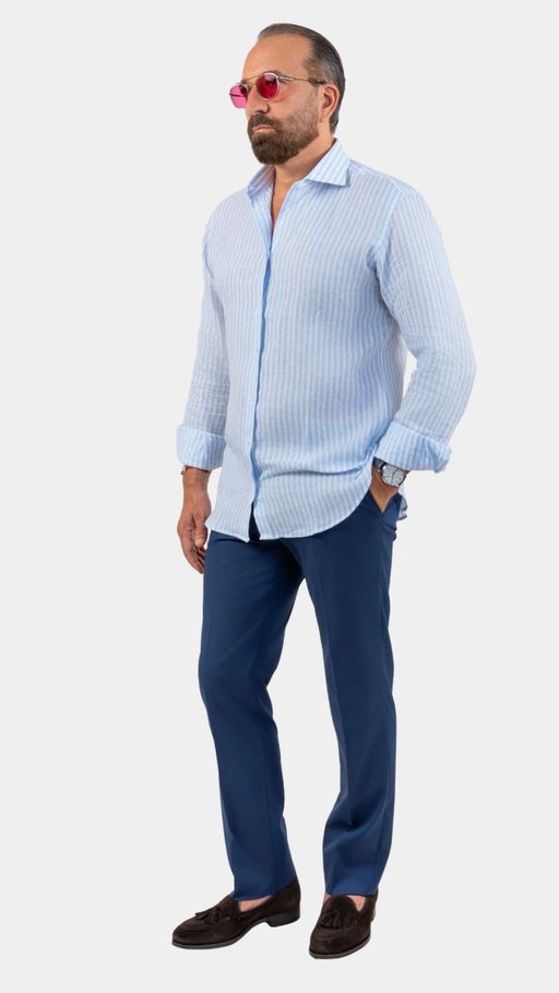 Napoli Sky-blue Linen Striped Shirt thumbnail 1