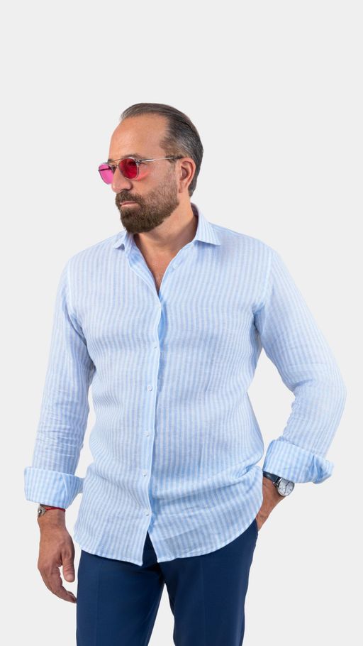 Napoli Sky-blue Linen Striped Shirt thumbnail 2