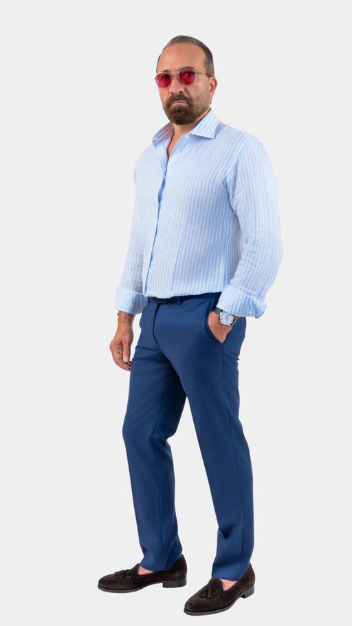 Napoli Sky-blue Linen Striped Shirt thumbnail 3