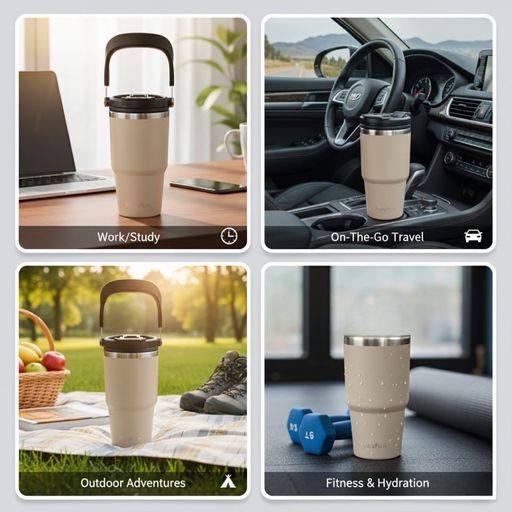 Thermos 600 Ml-avec paille-Gobelet Isotherm avec Couvercle en Acier Inoxydable Isolation des Boissons Chaudes et Froides Tasse à Café pour Eau, Café ou Thé Glacé/garde le chaud ou le froid 18h-Beige thumbnail 1