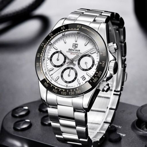 Montre Bracelet Argent pour Hommes Quartz Chronographe Sport Noir thumbnail 2