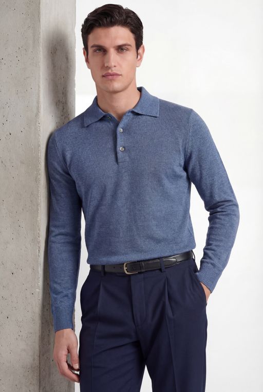Merino Knit Polo – Dusty Blue – 100% Superfine Virgin Wool thumbnail 1