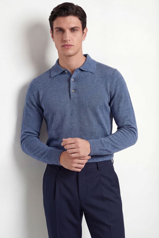 Merino Knit Polo – Dusty Blue – 100% Superfine Virgin Wool thumbnail 2