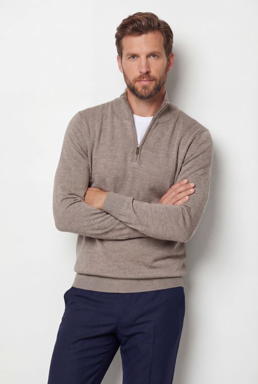 Half-zip Knit Sweater – Taupe – 100% Extra-fine Merino Wool thumbnail 1