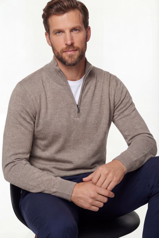 Half-zip Knit Sweater – Taupe – 100% Extra-fine Merino Wool thumbnail 2
