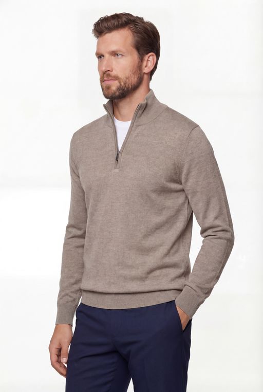 Half-zip Knit Sweater – Taupe – 100% Extra-fine Merino Wool thumbnail 3